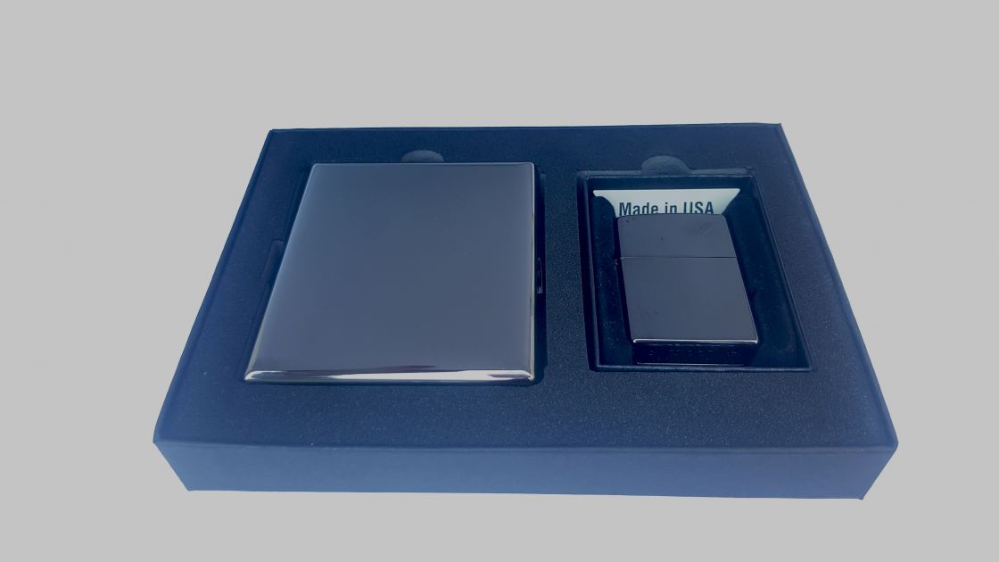 Zippo Gift Set EBONY (Bricheta si Tabachera Gunmetal)